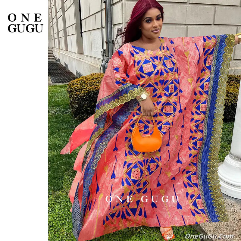 African Women Bazin Dress Mix Size Peach Embroidery Basin Riche Dashiki Robe For Nigerian Ankara Bride Wedding Dress Clothing