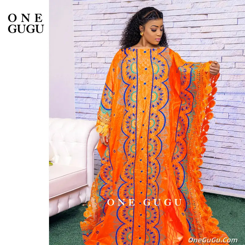 New Nigerian Original Bazin Dress Dashiki Brocade Embroiderey Basin Clothing 2026 Orange Mali Women Robe Wedding Party Dresses