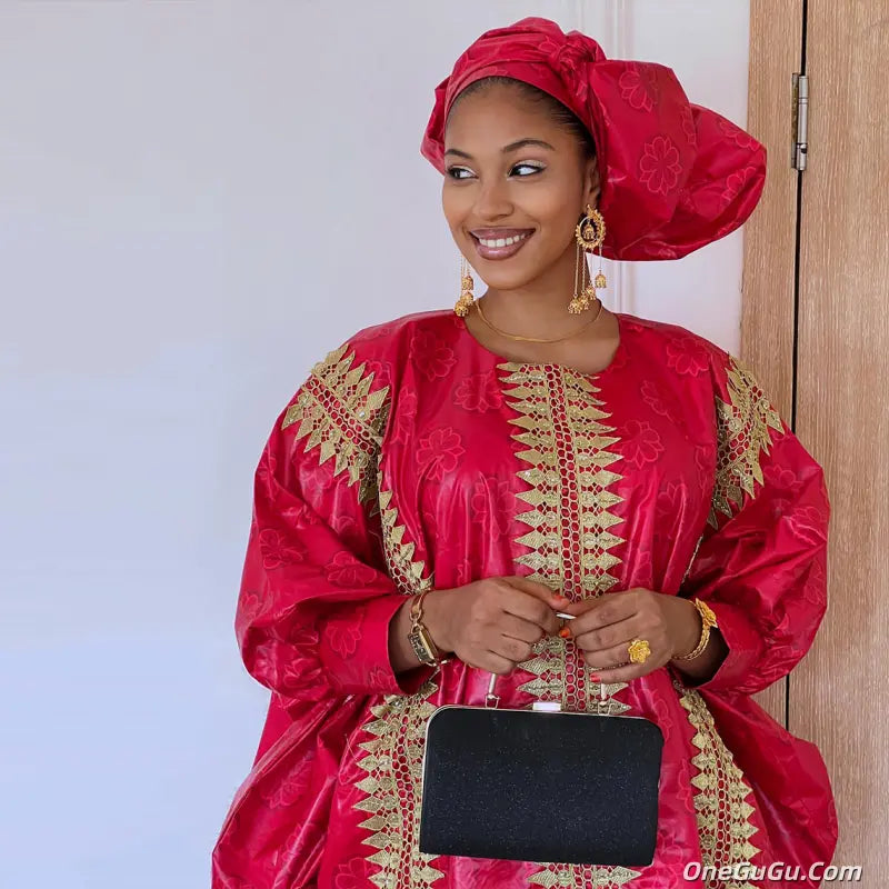 African Red Boubou Bazin Riche Wedding Bride Dress 2026 Latest Nigerian Mali Mix Size Dashiki With Gold Dust Embroidery Gown