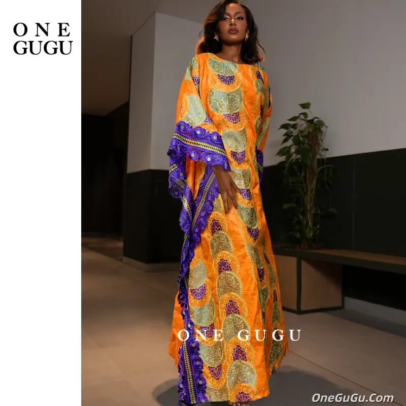 Orange Nigerian Bazin Riche Dashiki Boubou Dress African Traditional Wedding Bride Dresses Brocade Basin Rich Boubou Robe