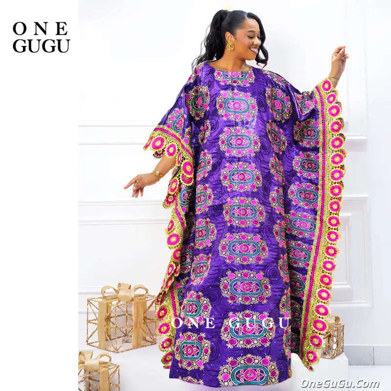 Purple African Women Bazin Riche Boubou Dress With Stones Original Nigerian Basin Rich Brocade Wedding Party Dashiki Robe
