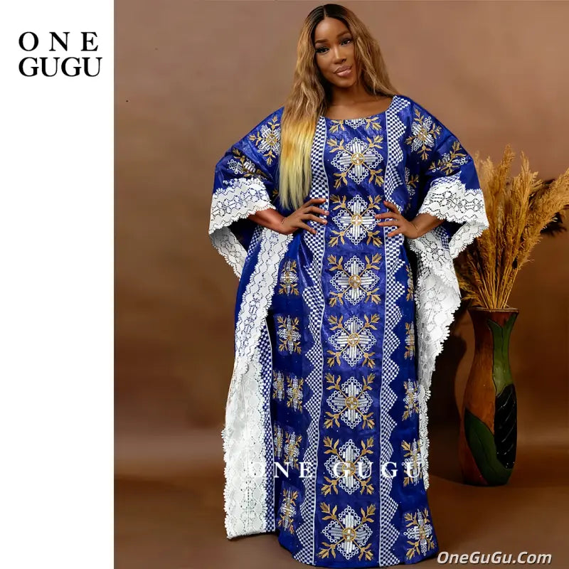 Royal Blue Nigerian Bazin Riche Dashiki Boubou Dress African Traditional Wedding Bride Dresses Brocade Basin Rich Gown Robe