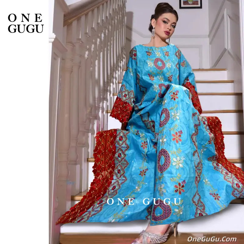 Sky Blue Nigerian Bazin Riche Dashiki Boubou Dress African Traditional Wedding Bride Dresses Brocade Basin Rich Boubou Robe