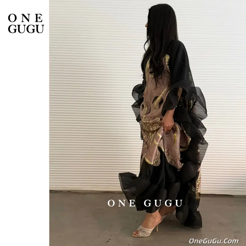 Wrinkled Mesh 2pcs Set Middle Eastern Dress Soft Lining African Dashiki Boubou Luxurious Wedding Party Brocade Muslim Clothing