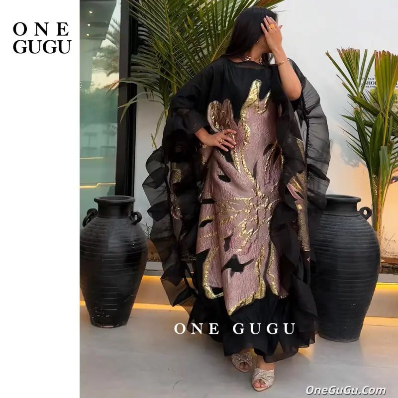 Wrinkled Mesh 2pcs Set Middle Eastern Dress Soft Lining African Dashiki Boubou Luxurious Wedding Party Brocade Muslim Clothing