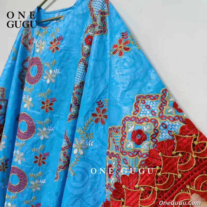 Sky Blue Nigerian Bazin Riche Dashiki Boubou Dress African Traditional Wedding Bride Dresses Brocade Basin Rich Boubou Robe