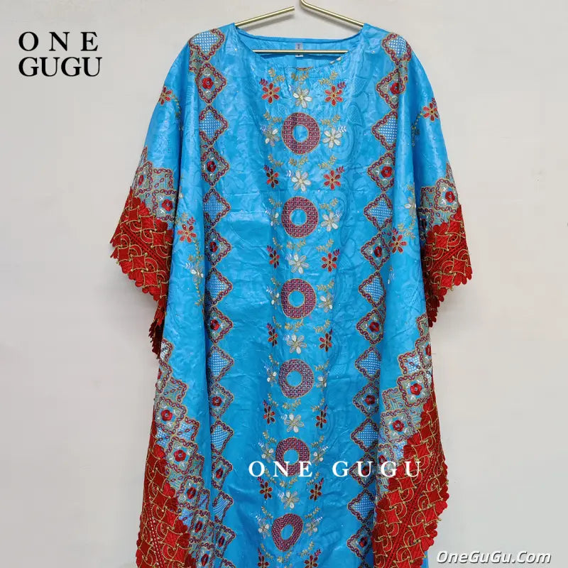 Sky Blue Nigerian Bazin Riche Dashiki Boubou Dress African Traditional Wedding Bride Dresses Brocade Basin Rich Boubou Robe