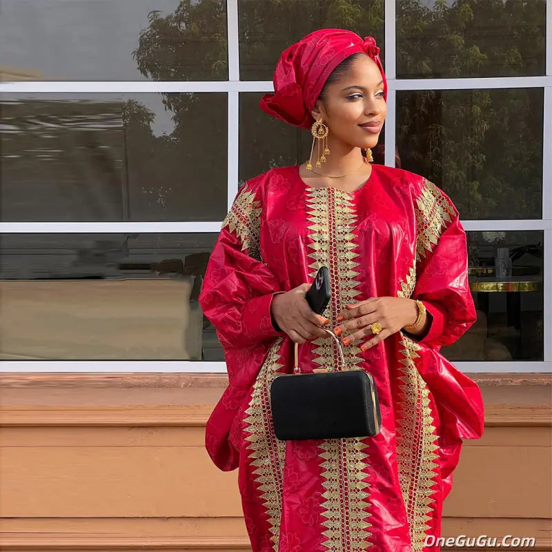 African Red Boubou Bazin Riche Wedding Bride Dress 2026 Latest Nigerian Mali Mix Size Dashiki With Gold Dust Embroidery Gown