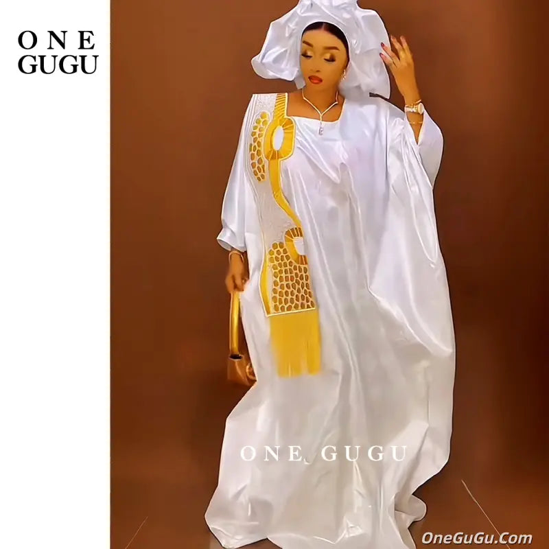 African Traditional Wedding Bazin Riche Boubou And Scarf With Tassels White And Gold Embroidery Basin Dashiki Nigerian Dresses