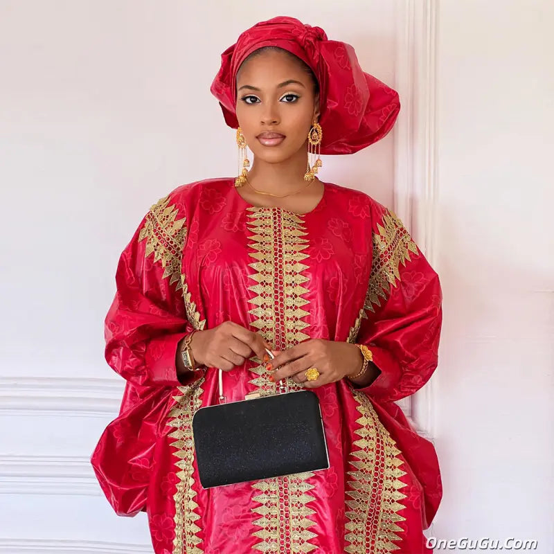 African Red Boubou Bazin Riche Wedding Bride Dress 2026 Latest Nigerian Mali Mix Size Dashiki With Gold Dust Embroidery Gown