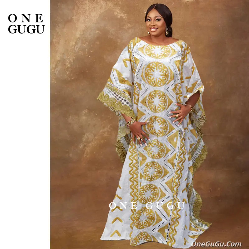 2026 Nigerian Original Bazin Dress Dashiki Gold Brocade Embroiderey Basin Clothing White Robe Wedding Party Lady Gown Dresses