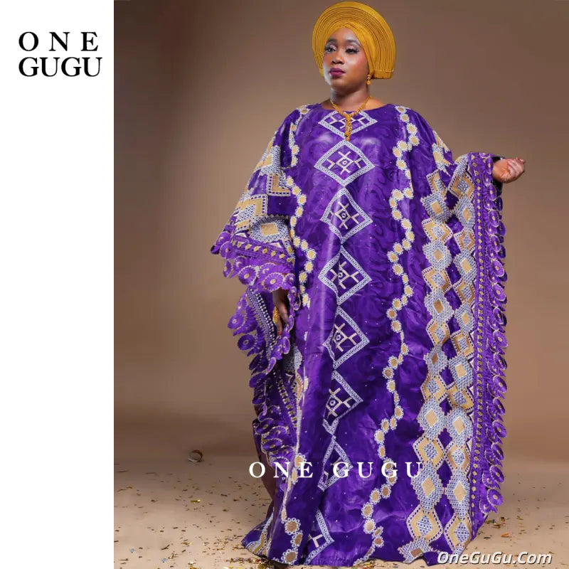 2026 Newest Nigerian Dashiki Boubou Dress Purple Color Mix Size African Traditional Wedding Dress Bazin Riche Brocade Boubou